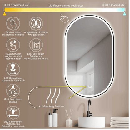 Badkamerspiegel Ovaal Zwart 45 x 75 cm – Anti-Condens & Inbouw Led Horizontaal/Verticaal